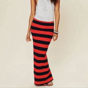 New FREE PEOPLE red navy Striped maxi skirt